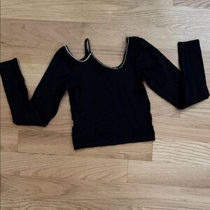 Zara Black Long Sleeve Scoop Neck Top with Rhinestone Trim